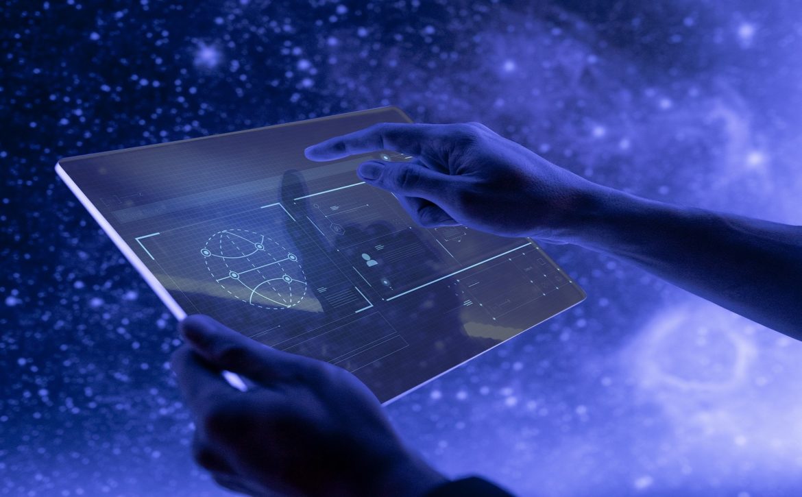 Researcher using a transparent digital tablet screen futuristic