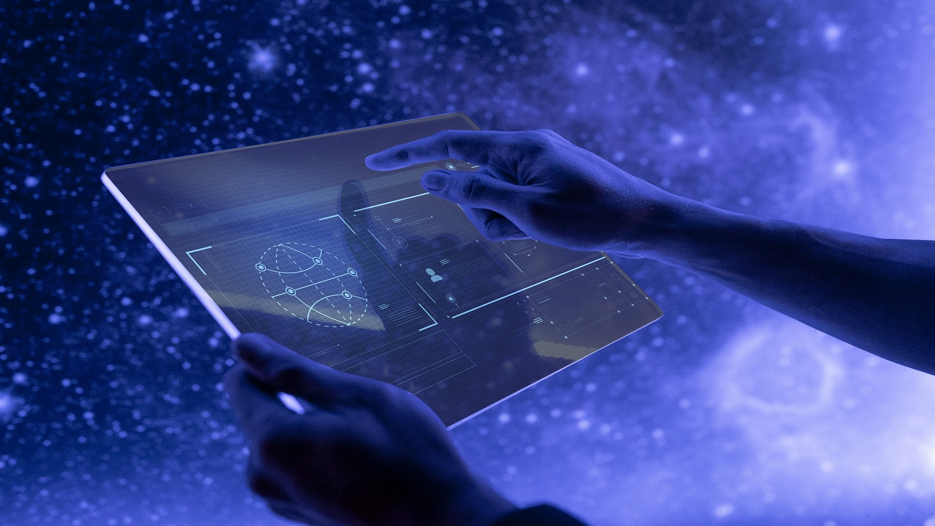 Researcher using a transparent digital tablet screen futuristic